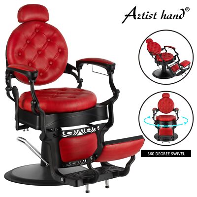 Red Vintage Reclining Hydraulic Barber Chair Heavy Duty Beauty