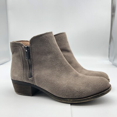 Lucky Brand LK Breah Gray Leather Ankle Boots Bootie Sz 7.5 Side Zip Cottagecore