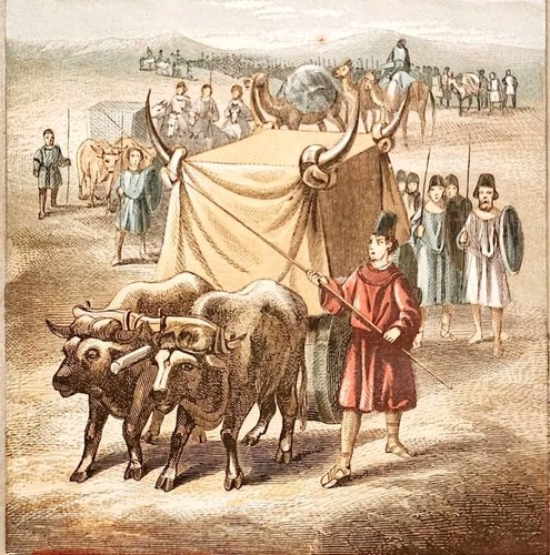 1853 Service Of The Merarites Rare Colored Engraving Victorian Bible Art DWNN23