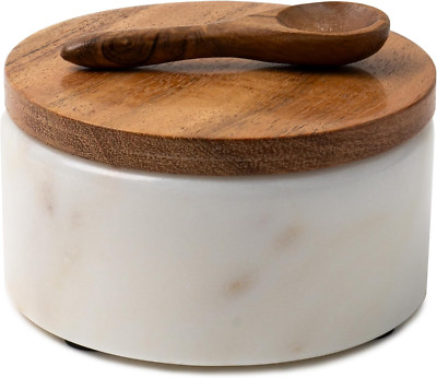 Cork & Mill White Marble Salt Cellar with Acacia Wood Lid and Spoon 