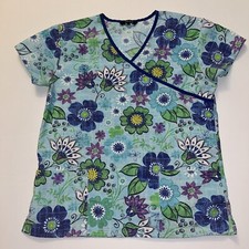 S Just Love Scrub Top Nurse 2 Pockets Bright Turquoise Purple Flowers Summer