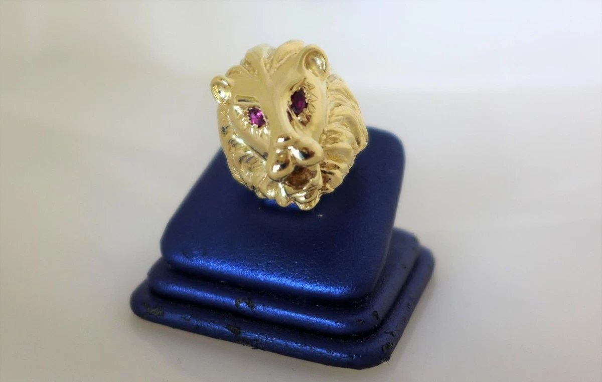 Gold lion ring sale with ruby eyes