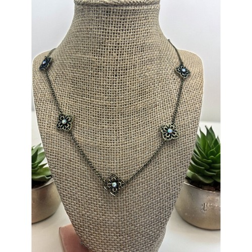 Premier Designs Antique Gold Long Necklace Aurora Borealis Rhinestones Flowers