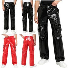 US Men Cargo Gothic PU Leather Baggy Pants Casual Trousers Hip Hop Straight Leg
