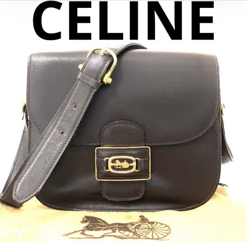 CELINE Vintage  Leather Shoulder Bag Authentic Gold hardware Dark brown DDP 