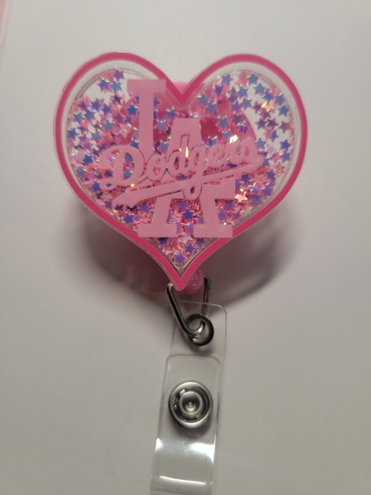 LA Dodgers Pink Heart Retractable Badge Reel With Glitter Inside