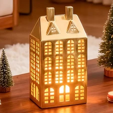 DN DECONATION Christmas Village House Decorations Lighted, Gold Ceramic House...