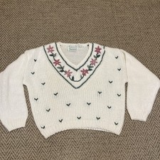 Hand Knit Shenanigans Sweater Women  s M Ivory Flowers Open Knit Grannycore
