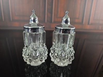 Vintage Indiana Glass Heavy Pressed Diamond Point Crystal Salt & Pepper Shakers