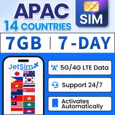 JetSIM Travel SIM Card Asia Pacific 14 Countries High-Speed Data 7 Days 7GB