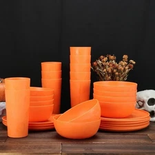 30 Piece Plastic Etched Halloween Pumpkin Dinnerware Full Set Orange BPA Free