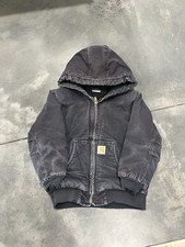 Carhartt Jacket Kids 7-8 Black Canvas Hooded Full Zip Quilted Lined Workwear