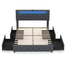 Full Size Bed Frame w/ Led Lights  Charging Station  Modern Upholstered Bed