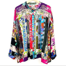 Johnny Was Sonnet Denali Button Down Silk Shirt Bohemian Art To Wear S