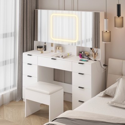 Makeup Vanity Set Large LED Lighted Mirror Dressing Table with Power Outlets