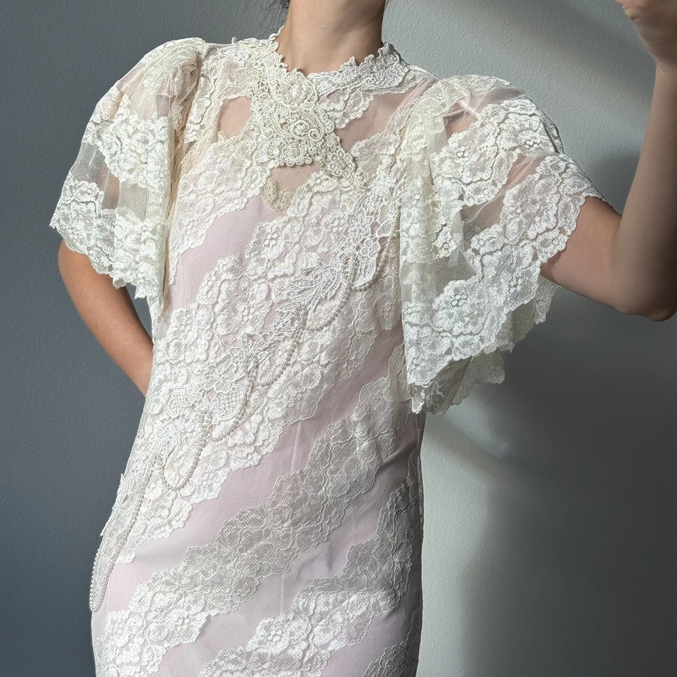 Vestido asimétrico vintage Lorrie Kabala de encaje talla 10 rosa sin cordones incluido Foto 2 de 4