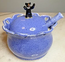 Studio Art Pottery Black Bear Honey / Jam Pot with Spoon Blue Glaze