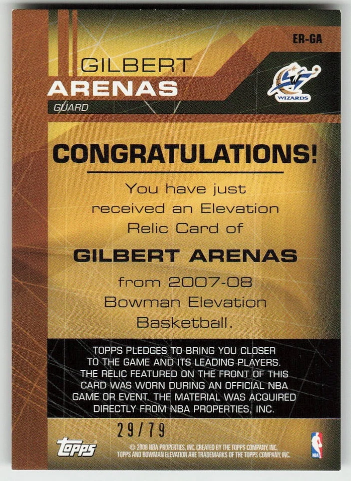 2007-08 Bowman Elevation #ER-GA Gilbert Arenas Baloncesto Washington Wizards Foto 2 de 2