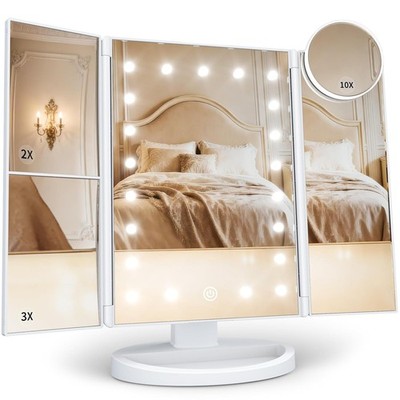 LED Makeup Vanity Mirror with Lights Trifold Touch Control with 2X/3X/10X Magnif