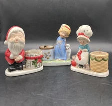 1970 Jasco Christmas Luvkins Candle Holder 3 Figurines Santa Angel Mrs Claus