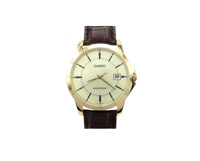 Casio Herren Datum Quarz Leder Armbanduhr MTP-V004GL-9A Goldfarbe Gelb Gold