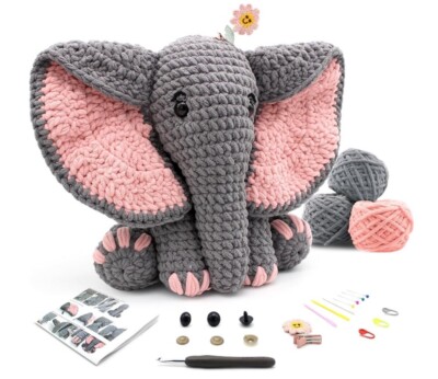 13in Elephant Amigurumi Crochet Kit Beginner Yarn Set w/ Video Tutorial DIY Gift