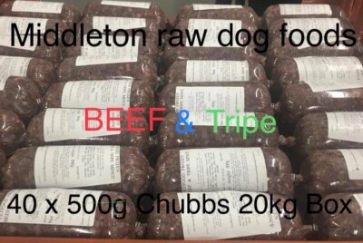 RAW Frozen Dog Food BEEF & TRIPE 40x 500g Chubs 20kg Box BARF RAW DIET