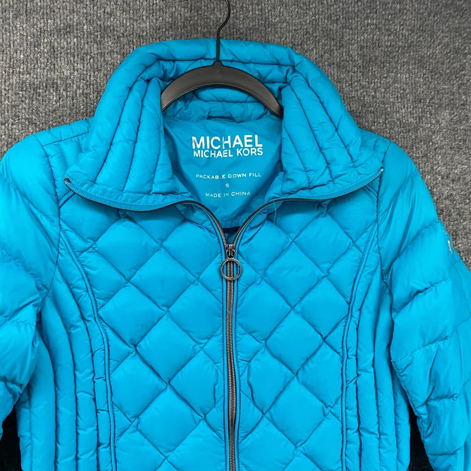 Jaqueta Michael Kors feminina S azul bufante zíper completo leve para baixo ao ar livre embalável - Imagem 2 de 4