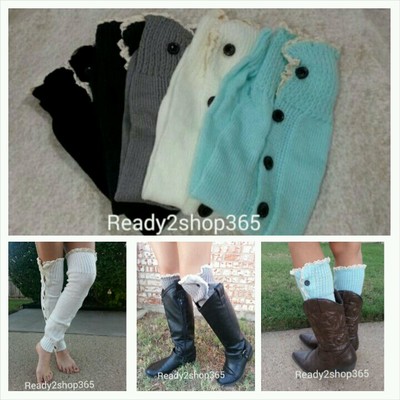 Lace Trim Cuffs Boot Leg Socks Knit Warmers Crochet Knitted Toppers Women Button
