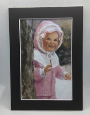 New Handmade 5x7 Matted  Old Fashioned Child Playing In Snow Tree Ship 133