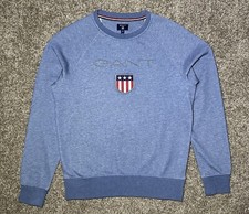 GANT Men  s Sweater GANT LOGO Crew Neck L/S Pullover Blue Heavy Cotton Size M