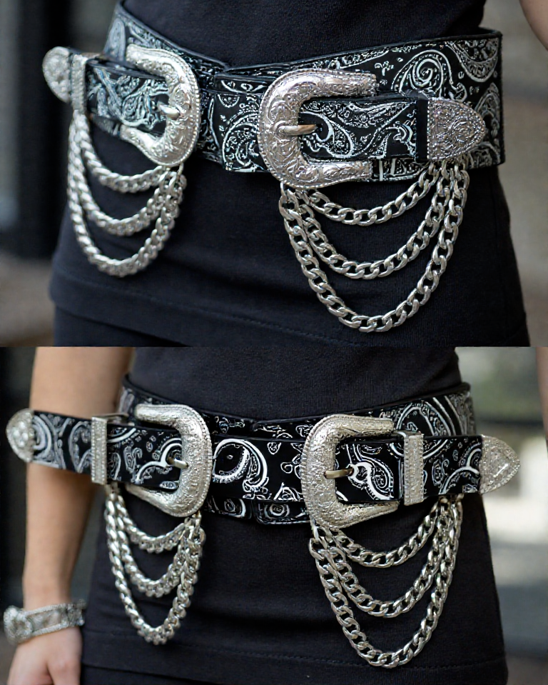 Women Black Elastic Belt Paisley Double Silver Metal Buckle Chain