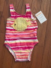 New Gymboree Outlet Pink Orange Yellow Striped Fish Swimsuit Size 6-12 months