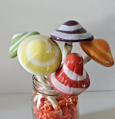 Glazed Ceramic Mushroom Garden Plant Stake Bobble Spring Cap x5. Fairy Garden
