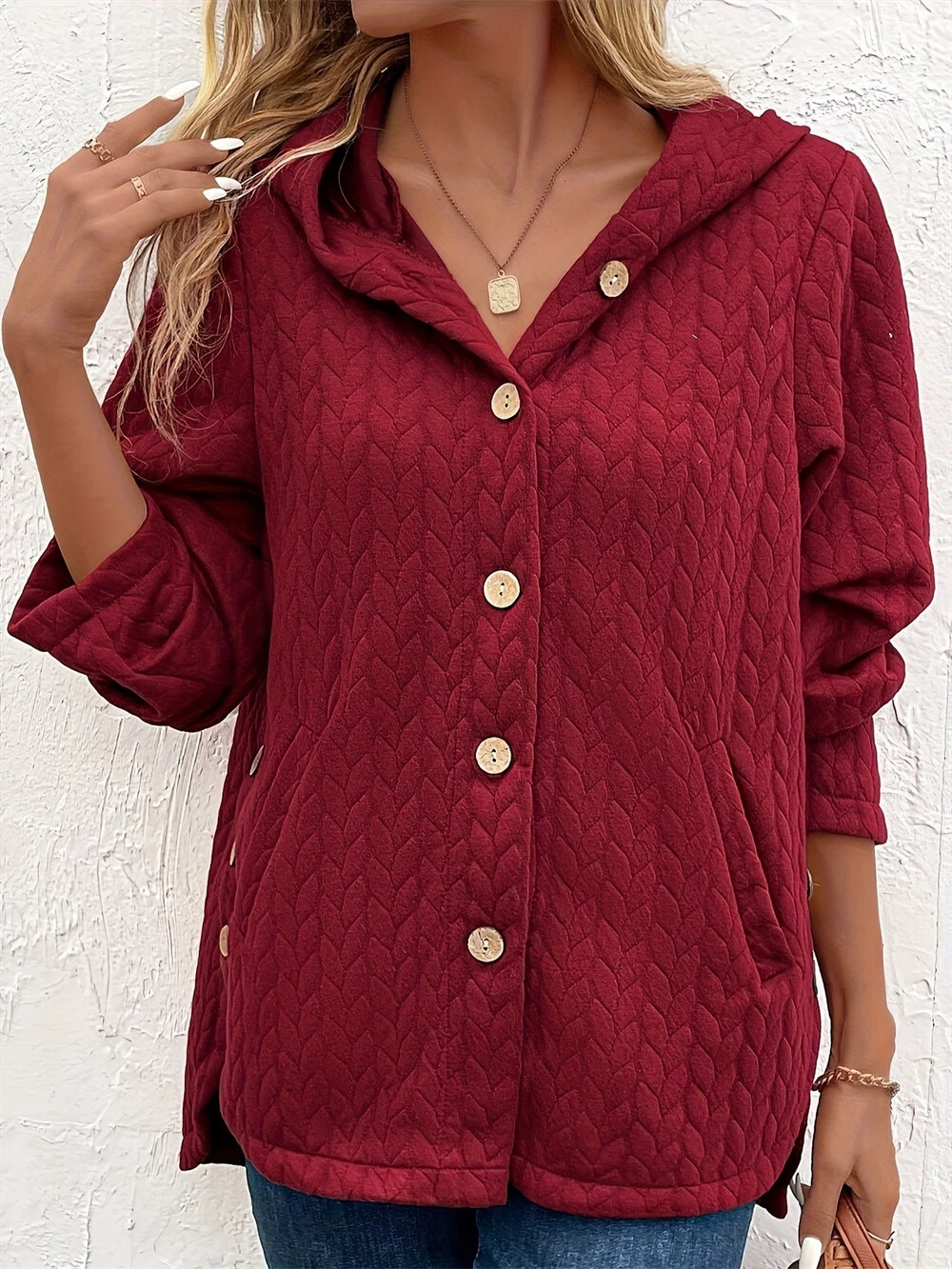 Women Hooede Coat Long Sleeve Open Front Button Outwear Casual Jackets