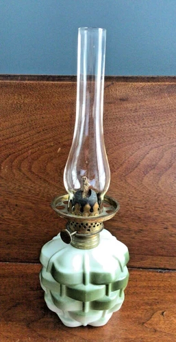 Antique Miniature Oil Lamp Green PINEAPPLE IN A BASKET, No Shade, Hard to Find