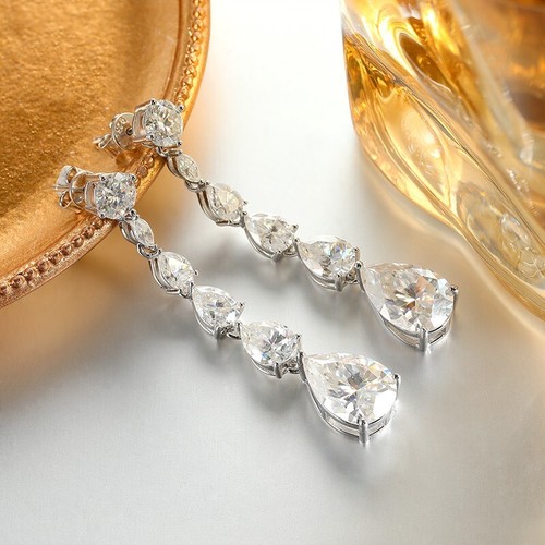 D VVS1 Pear Cut Moissanite Tassel Earrings Sterling Silver 14k White Gold Plated - Picture 4 of 11