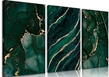 3Pcs Green and Gold Abstract Marble Wall Art Gold Foil Poster Emerald Green D...