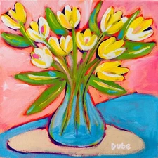 Jeri Dube Original Painting Impressionism Collectible Yellow Tulips 10" x 10"