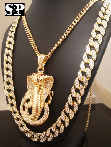 Men's Iced Cuban Chain & Cobra Snake Pendant Hip Hop Rapper Bling Necklace Set - Picture 2 of 19