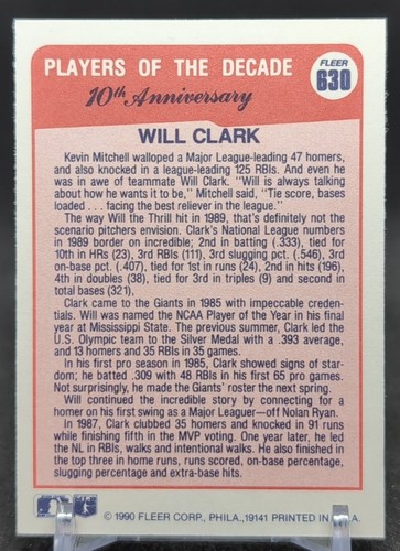 Fleer 1990 Players Of The Decade MLB Card WILL CLARK #630 ⚾️ - Picture 2 of 2