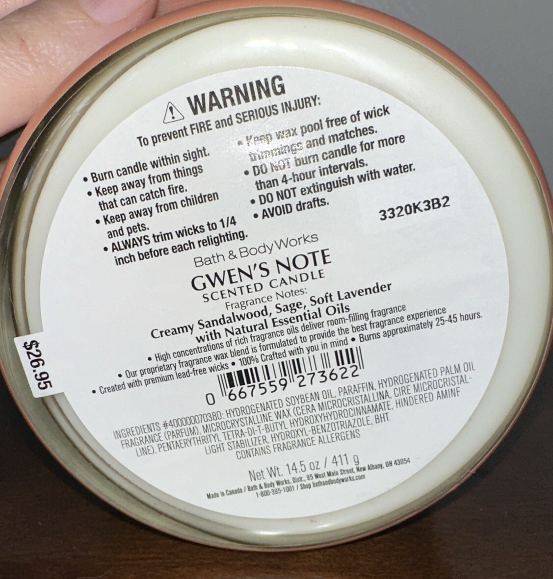 Bath & Body Works ~ GWEN'S NOTE 3-WICK CANDLE 14.5 oz Sandalwood