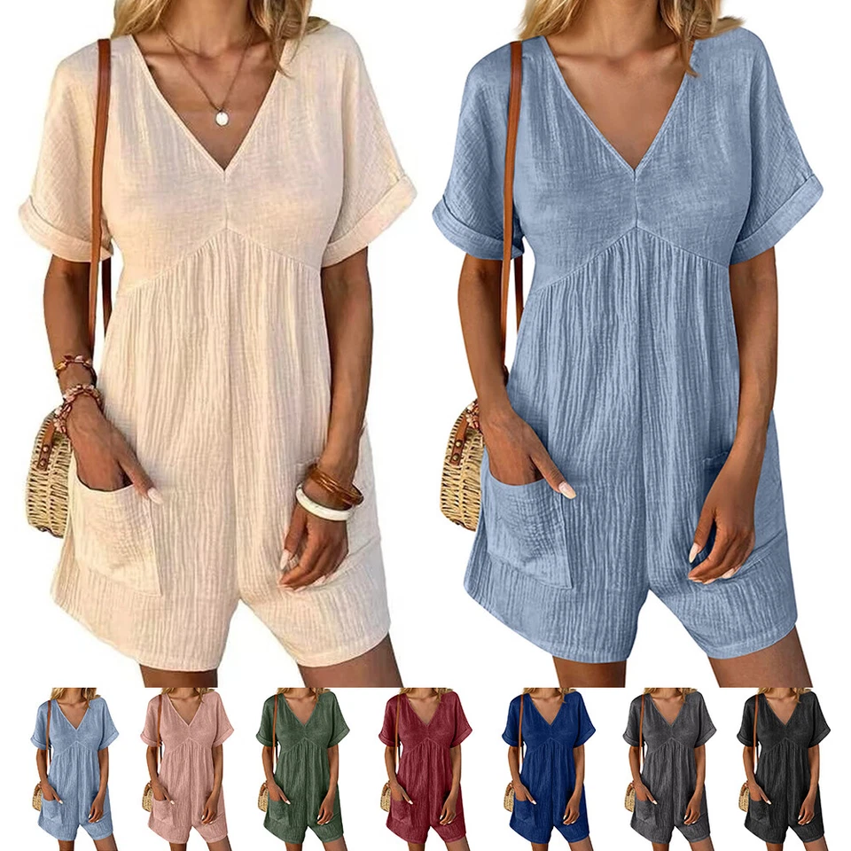 Lässiger Damen-Overall Mit V-Ausschnitt Und Kurzen Ärmeln Sommer-Outfi ▽ - Bild 1 von 4