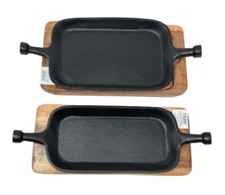 Cast Iron Sizzler Platter Handles 10" x 5" /6"  Wooden Base & Trivet Mixed Grill