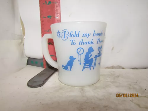 ANCHOR HOCKING FIRE KING MUG - PRAYER MUG IN BLUE - I FOLD MY HANDS..
