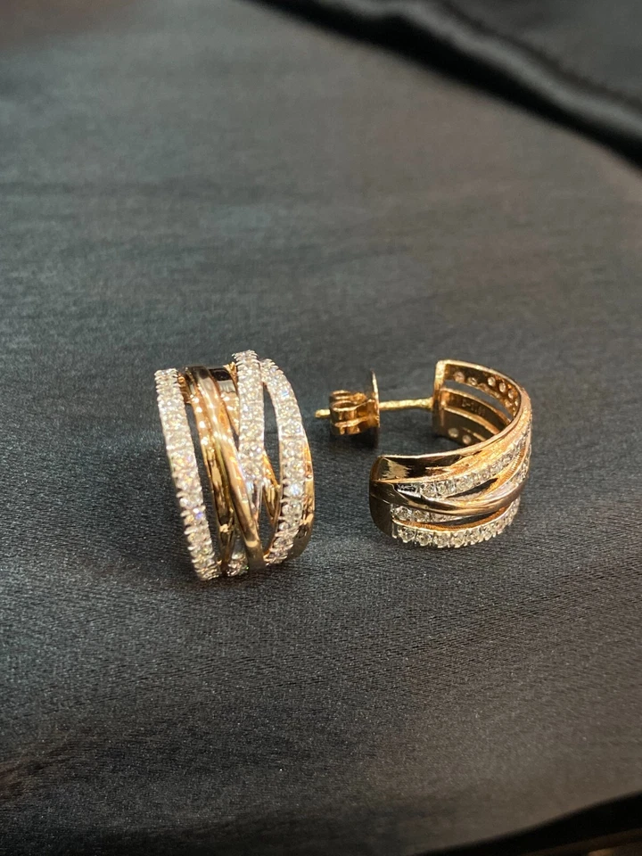 Pave 1,20 Cts Runder Brillantschliff Diamanten Semi Creolen Ohrringe In 14K Gold - Bild 2 von 4