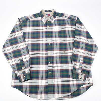 Tommy Hilfinger 100% Cotton Men s Shirt Long Sleeves Green White Plaid Xl