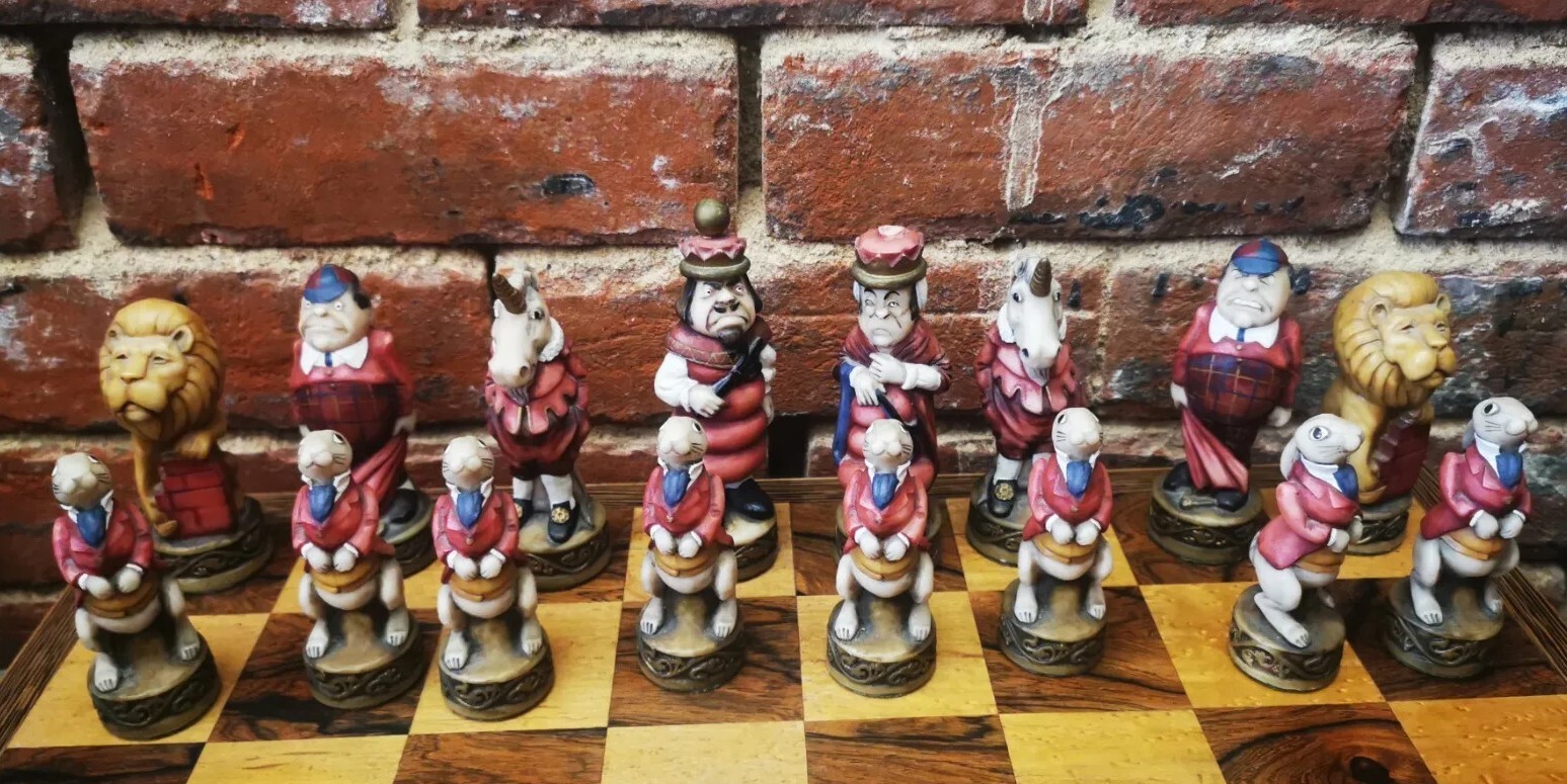 ALICE IN WONDERLAND NOVELTY CHESS SET WITH MAPLE & MAHOGANY BOARD