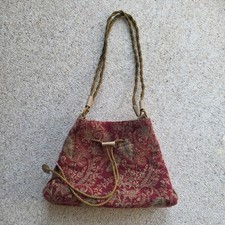 Past Times Tapestry Bag Drawstring Duffle Carpet Vintage Handbag Red Gold Floral
