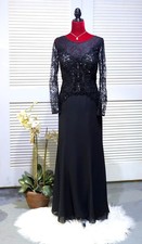 MGNY Women Black Long Sleeve Lace & Beaded Gown Formal Evening Dress Sz 10 2580